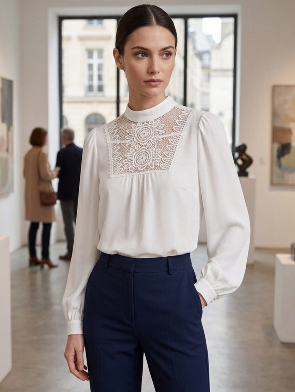 Elegant White Lace-Yoke Long-Sleeve Blouse